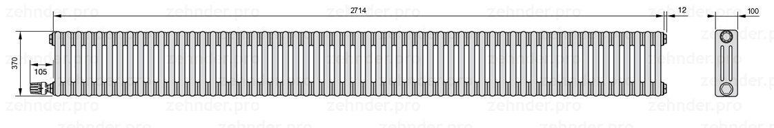Схема (чертеж) Радиатор Zehnder Charleston 3037/59 №V003 Белый глянцевый RAL 9016
